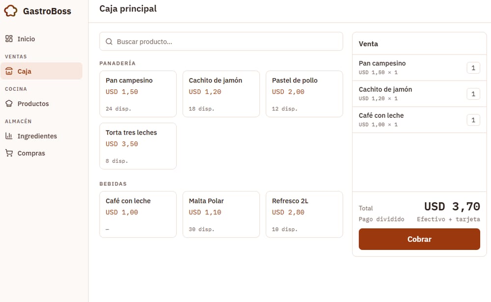 Pantalla de la caja de GastroBoss con una venta de tres productos, el total y el pago dividido entre efectivo y tarjeta